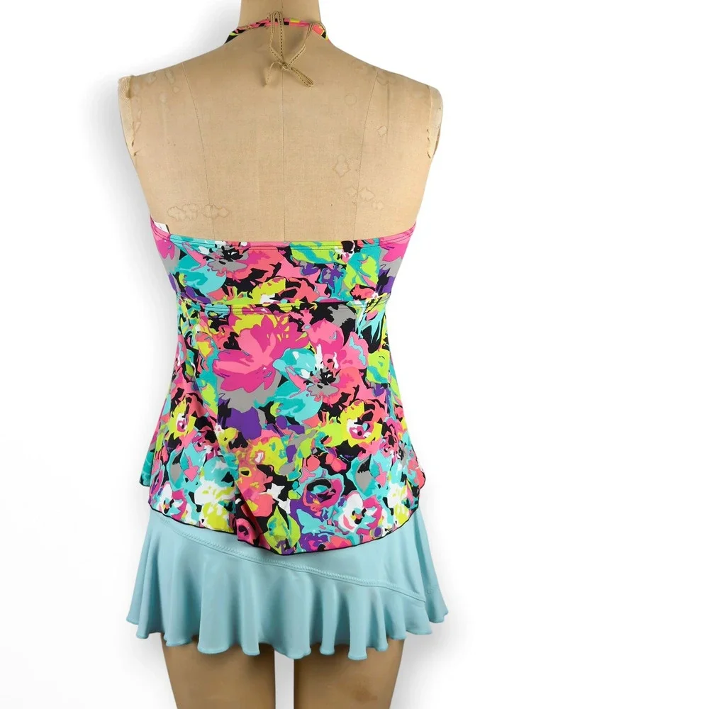 Y2K Neon Floral Tankini Top Smocked Halter Swim Kenneth Cole Retro Size S